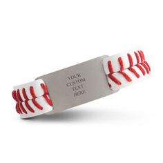 a red and white bracelet that says your custom text here on the front of it