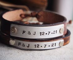 His hers anniversary Gifts, Couples Bracelets, leather Couple bracelets, date bracelet, one year anniversary gifts, handmade jewelry Adjustable band, fit to any wrists. antique & unique leather color by handmade Hand stamped letters into the metal part. Custom hand stamped Bracelet, Personalized any information on the bracelet, the best gift for boyfriend or girlfriend, best friends, mom, dad etc. unisex style. Details: Size diameter: 5.8cm(when it at round shape) End: adjustable to any wrists C Personalized Silver Leather Bracelet For Anniversary, Silver Engraved Leather Bracelet For Anniversary, Adjustable Brown Jewelry For Anniversary, Personalized Leather Bracelets For Anniversary, Classic Jewelry With Leather Strap For Anniversary, Anniversary Engraved Silver Leather Bracelet, Silver Leather Jewelry For Anniversary, Adjustable Engraved Leather Bracelet For Anniversary, Personalized Adjustable Leather Bracelet For Anniversary