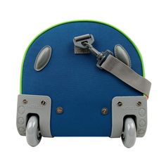 a blue and green suitcase with wheels on it's side, attached to the handle