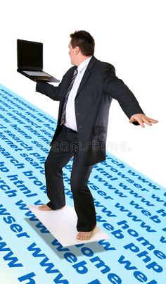 a man in a suit and tie holding a laptop on top of a computer screen