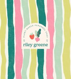 the logo for riley greene's strawberry - based personal care product is displayed on a striped background