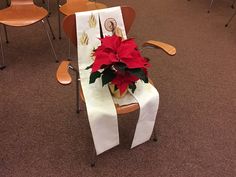 a red poinsettia in a chair decorated with white ribbon