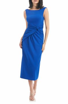 KAY UNGER Sabina Twist Front Midi Dress - We Select Dresses Sapphire Blue Dress, Midi Dress Work, Kay Unger Dresses, Twist Dress, Vibrant Dress, Kay Unger, Knot Dress, Bateau Neck, Midi Sheath Dress