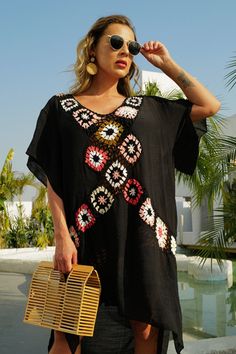 V-neck Beachwear Cover-up For Day Out, Casual V-neck Cover-up For Day Out, V-neck Rayon Top For The Beach, Casual Multicolor V-neck Cover-up, Bohemian V-neck Cover-up, Summer Rayon V-neck Tops, Black V-neck Top For Beach, Spring V-neck Cover-up, Vacation Rayon Cover-up