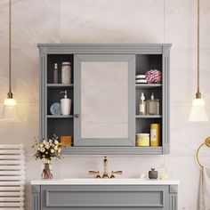 a bathroom with a sink, mirror and shelves on the wall next to towel rack