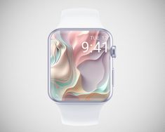 an apple watch showing the time on its face and colorful swirls in the screen