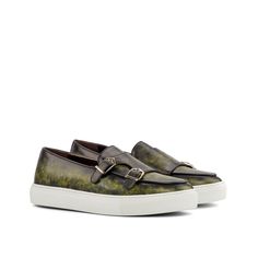 Ambrogio 4287 Men's Shoes Khaki Green Patina Leather Monk-Straps Sneakers (AMB1159)-AmbrogioShoes Patina Style, Double Monk Strap, Custom Made Shoes, Green Patina, Leather Artisan, Silk Pocket Square, Leather Hardware, Monk Strap, Handmade Shoes