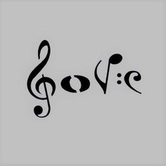 the word love is written in black ink on a gray background with music notes around it