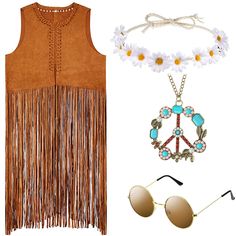 PRICES MAY VARY. Hippie Costume Accessories Set: this package comes with 1 piece of sleeveless vest, 1 piece of peace sign necklace, 1 piece of boho sunflower crown and 1 pair of retro sunglasses, 4 pieces of 70s costumes for women in total, this combination is very practical and thoughtful for you Washable and Reusable: when the sleeveless vest gets dirty, you can wash it by hands or machine and then dry it for next wearing, which is very easy and convenient, time and effort saving Suitable for 60s 70s Outfits, Tassel Vest, Hippie Accessories, 70s Costume, Faux Suede Vest, Peace Sign Necklace, Boho Elements, 70s Outfits, Fringe Vest