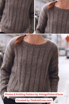 four photos of a woman wearing a sweater