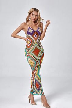 Want to stand out at a beach party? The Natalie Multicolored Sling Knit Maxi Dress is hand-woven in a variety of layers. Dazzle the eyes with bright, bold colors. The suspender design is lazier and sexier. All it takes is a pair of beach sandals to complete the look!  Dress Length: Approx 120cm Materials: 100% Cotton Gentle Dry Clean Only  Model is 5 ft 7 and wears size S  Colour may vary due to lighting on images. The product images (without model) are closest to the true colour of the product. Glitter Wedding Dress, Knit Maxi Dress, Bandage Midi Dress, Floral Shirt Dress, Crochet Motifs, Puff Sleeve Dresses, Maxi Knit Dress, Beach Sandals, Product Images