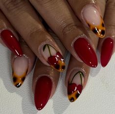 Bonita - Custom Color Tortoise Shell Cherry Design French Tip Fall Special Occasion Press Ons Handpainted Nail Set. (Medium Almond Nail Size Shown In Picture).  Primary Color is Red (Color on Middle, Pinky, and Thumb).   Shape and size of design may vary slightly! Include Your Nail Sizes/Measurements in Notes Section or Messages. Prep kit included with each press on set purchased (1 Makartt nail glue, 1 wooden stick, 1 buffing block, 1 nail file, 2 alcohol pads, 1 sheet jelly tab, 1 nail cleaning brush, and 1 packet of hand lotion)! Instruction sheet also included <3. Freebies include cute jewelry pieces, trendy stickers, nail art, nail charms, crystals and more! Larger freebies such as statues, and pins applicable for orders over $75. Plushies, and other kawaii items for orders over $100 Design French Tip, Nail Autumn, Classy Acrylic, Colourful Nails, Kutek Disney, Wine Nails, Cherry Design, Maroon Nails, September Nails