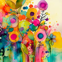 an abstract painting with lots of colorful flowers