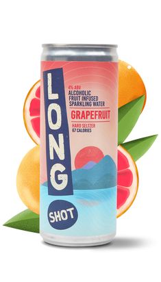 a can of grapefruit on a white background with slices of oranges and watermelon