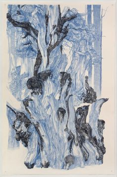 an ink drawing of a tree in the woods