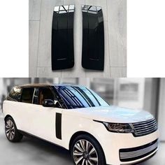 the front and rear view of a white range rover with black trims on it