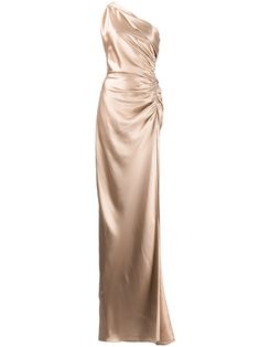 Champagne nude silk Asym silk gown from MICHELLE MASON featuring gathered detailing, off-shoulder, sleeveless, fitted waistline, front slit and mid-length. | Mason by Michelle Mason Asym silk gown Champagne Long Dresses, Cream Evening Dress, Champagne Gowns Elegant, Dark Champagne Dress, Soft Classic Formal Dress, Formal Wedding Guest Dress Long, Silk Gown Evening Dresses, Gold Wedding Dress Champagne, Gold Gowns Elegant Classy