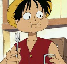 a cartoon character holding a fork and knife