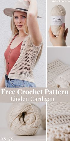 a woman wearing a hat and holding a ball of yarn in her hand with the text free crochet pattern linden cardigan