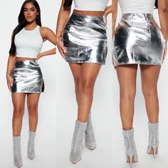 Silver Mini Fashion Nova Skirt- Nwt Silver Sequin Skirt, Shiny Skirts, Camo Mini Skirt, Latex Skirt, Rainbow Skirt, 70 Fashion, Silver Skirt, Gossip Girl Fashion, Metallic Skirt