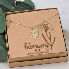 Iris Birth Flower Necklace for February Birth Month is a perfect Gift for a February Birthday or Birth of a Child. This hand-drawn design is impressed on choice of yellow gold-filled, rose gold-filled or sterling silver and makes a nice keepsake that is simple enough for everyday wear.  This custom piece of jewelry is a perfect gift for Grandma, Mom or Daughter on her Birthday, for Christmas or Mother's Day.   *Charm: 13mm by 18mm  *Chain Selection: 16-24 inch  *Handcrafted from sheet metal with secure connections *Satin Finish .925 Sterling Silver, 14/20 Rose Gold Filled or 14/20 Yellow Gold Filled *Boxed in simple Kraft cotton filled box with ribbon bow *Polishing cloth included with all orders *Handmade when ordered prior to shipping, please see storefront for production times Floral Ar Purple Birth Flower Necklace For Gift, Nature-inspired Birth Flower Necklace As A Gift For Her, Adjustable Nature-inspired Birth Flower Necklace, Birth Flower Necklace, Gift For Her, 14k Gold-filled Birth Flower Pendant Necklace, February Birthday Gifts, February Birthday, Floral Pendant, Design Stamps