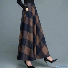 Orcajump - Womens Plaid Midi Skirt with A-line Silhouette, Wide Hem, and Long Length - Winter Collection Coffee Colour, Long Length, Feminine Outfit, Womens Plaid, Winter Collection, A Line Skirts, Clothing Patterns, Midi Skirt, Plaid