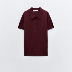 Short Sleeve Polo Shirt. Front Buttons. Burgundy Outer Shell 40% Polyamide 30% Acrylic 23% Polyester 7% Wool Knit Tops With Ribbed Collar For Work, Fall Short Sleeve Office Tops, Classic Knit Tops By Zara, Knit Tops With Collar For Work, Knit Collar Top For Work, Classic Zara Knit Tops, Classic Knit Zara Tops, Casual Collared Knit Top For Work, Fall Office Tops With Collared Neckline