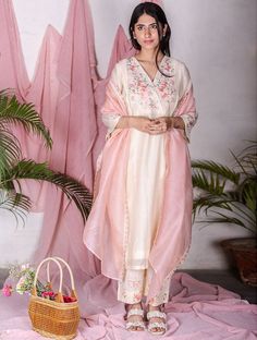 Women Off White_Cream Chanderi Silk Hand Embroidery Round Neck Straight Kurta with Pants