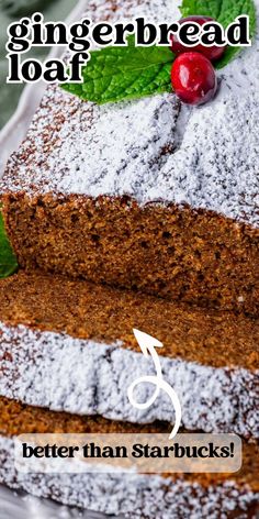 two slices of gingerbread loaf with powdered sugar on top