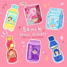 various drink stickers are arranged on a pink background with the words saiki k, drink stickers