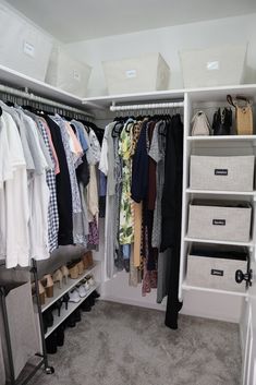 an organized closet with clothes and shoes