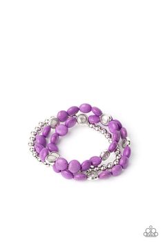 A vivacious collection of purple stone beads, ornate silver accents, and classic silver beads are threaded along stretchy bands around the wrist for a seasonally layered look.   Sold as one set of three bracelets. Easy Jewelry, Nickel Free Jewelry, Purple Bracelet, Purple Jewelry, Bracelet Online, Paparazzi Accessories, Stretchy Bracelets, Purple Stones, Paparazzi Jewelry