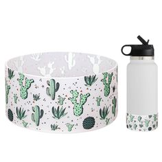 a white water bottle next to a green and white cactus print belted around it