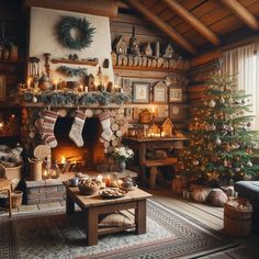 a living room filled with furniture and a fire place next to a christmas tree in front of a fireplace