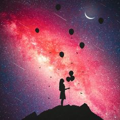 a girl holding balloons standing on top of a hill under the stars in the sky