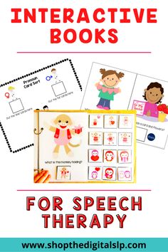 an interactive book for speech therapy with pictures and text that reads, interactive books for speech therapy