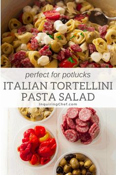 italian tortellini pasta salad with olives, peppers and mushrooms in bowls on a white background