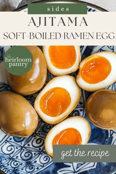 soft boiled eggs on a plate with text overlay that says,'soft boiled eggs get the recipe '