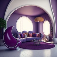 a living room filled with purple furniture and round windows