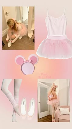 a pink and white outfit with mouse ears, shoes, and headbands on it