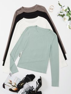 Multicolor Casual  Long Sleeve Polyester Plain   Medium Stretch Spring/Fall Women Tops, Blouses & Tee Plain Long Sleeve Shirts Outfit, Long Sleeve Tshirt Women Casual, Cute Long Sleeve Tops Aesthetic, Long Sleeve Basics, Shein Long Sleeve Top, Baggy Long Sleeve Shirts, Basic Long Sleeve Tops, Plain Long Sleeve Shirts, Shein Outfits