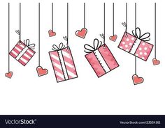 gift boxes hanging from strings with hearts