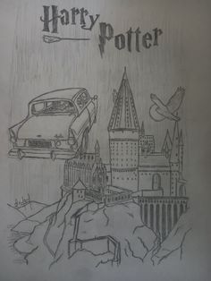 a drawing of hogwarts castle and car with harry potter flying over the top