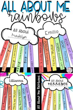 all about me rainbows poster with the words in different languages and colors on it