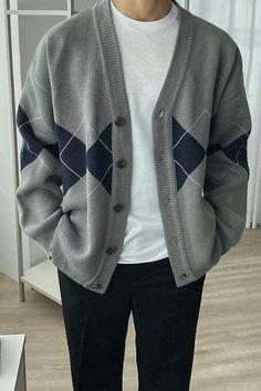 Argyle Cardigan | Men's Cardigans | FLYDAY Pro Argyle Cardigan Sweater Outfits Men, Minimalist Fashion Men, Street Style Outfits Men, Mens Casual Dress Outfits, Men Stylish Dress, Guys Clothing Styles, Mens Outfit Inspiration, Cool Outfits For Men, Stylish Mens Outfits