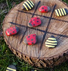 four red and white buttons sitting on top of a piece of wood in the grass