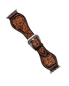 Hide and Fringe Brown Floral Apple Watchband Apple Watches, Brushed Chrome, Leather Watch Band, Western Look, Not Love, Leather Watch Bands, Tooled Leather, Brown Floral, Metal Hardware