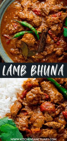 lamb bhunjra with white rice in a blue bowl