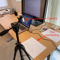 a tripod sitting on top of a wooden desk next to a computer monitor and laptop