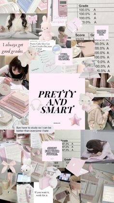 a collage of pink and white images with words on them that say pretty and smart